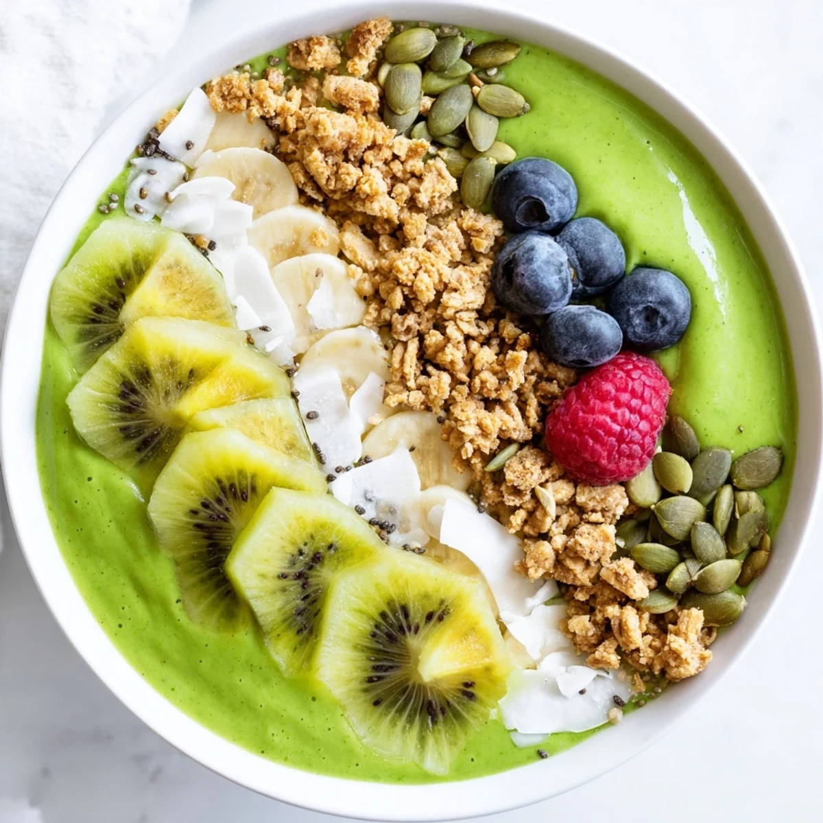 A vibrant Shamrock Green Smoothie Bowl topped with granola, sliced kiwi, and fresh berries in a bright kitchen.