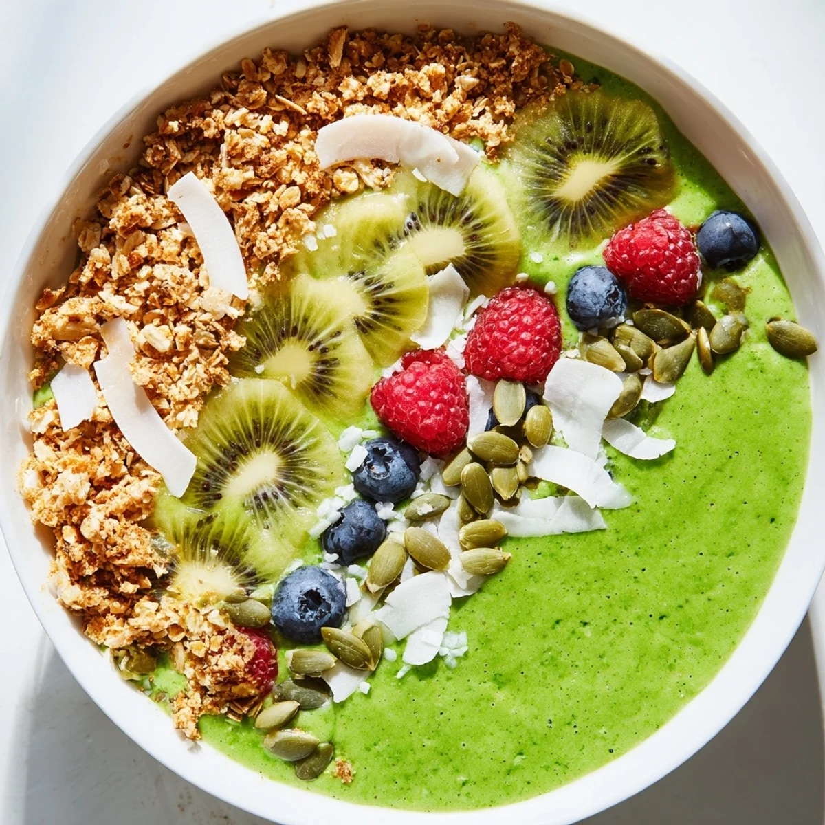 Close-up of a creamy Shamrock Green Smoothie Bowl garnished with coconut flakes, pumpkin seeds, and juicy tropical fruit.