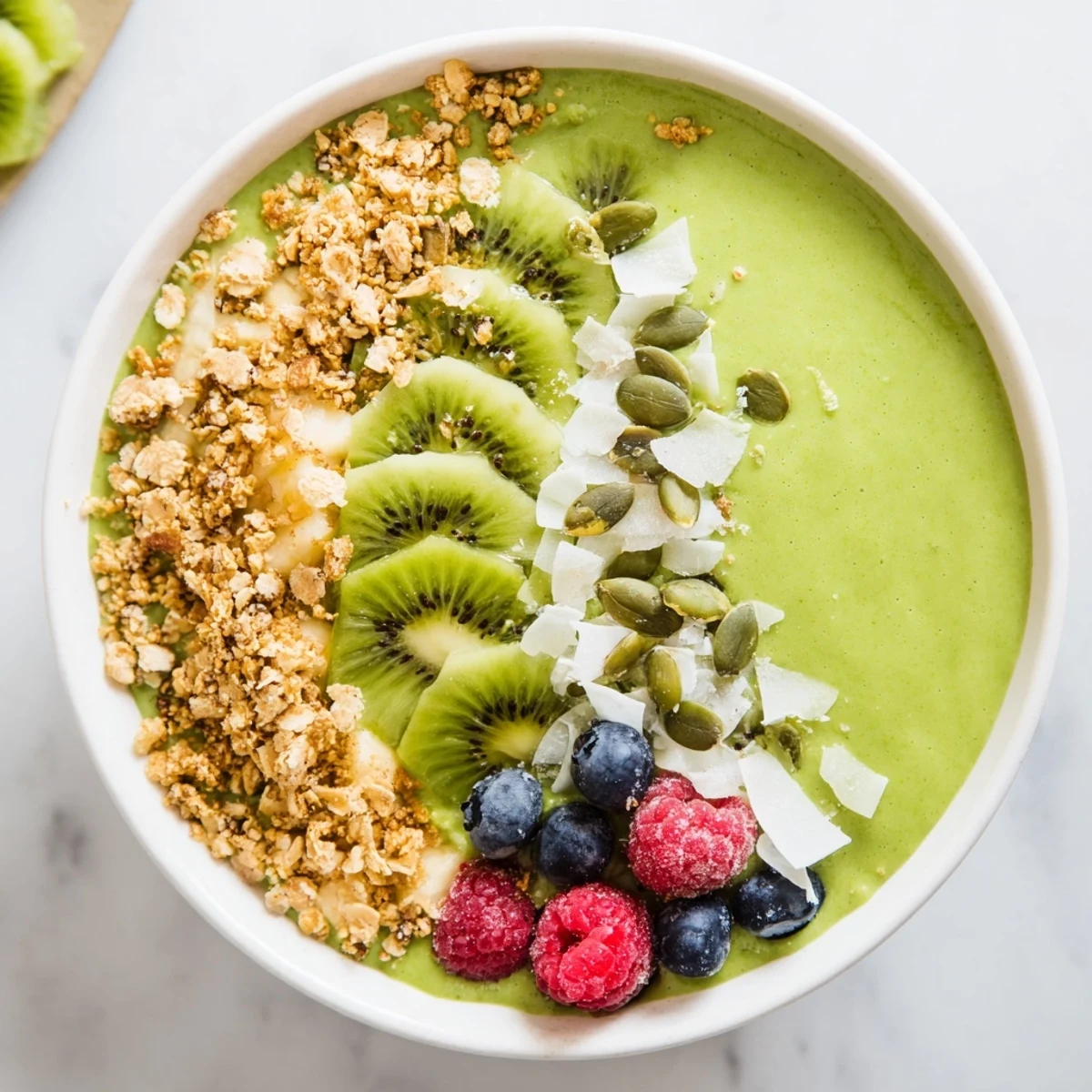Healthy Shamrock Green Smoothie Bowl served in a white bowl, drizzled with maple syrup and ready to enjoy.
