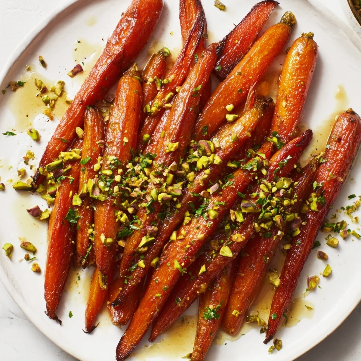 Freshly roasted carrots with honey and pistachios served warm, garnished with parsley alongside rustic bread and butter on the table.
