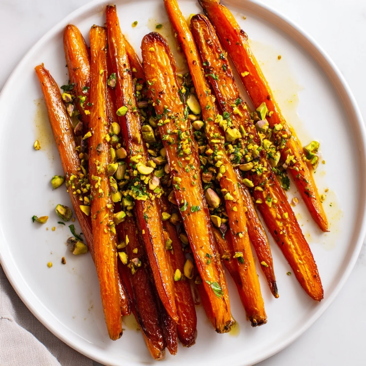Roasted Carrots with Honey and Pistachios glisten on a ceramic platter, drizzled with golden honey and sprinkled with chopped nuts.