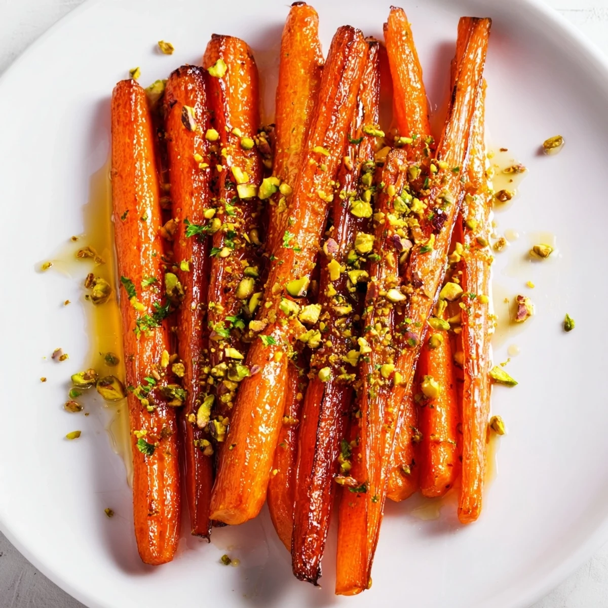 A close-up of Roasted Carrots with Honey and Pistachios showing caramelized edges and crunchy pistachio topping on a beautiful serving dish.