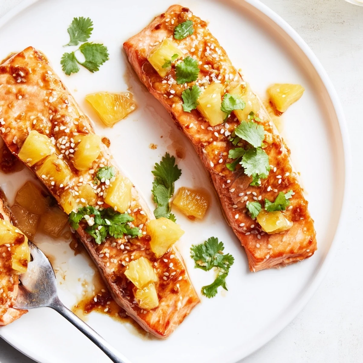 Oven-baked Pineapple Glazed Salmon fillets glisten with a sticky, sweet-and-tangy sauce and are topped with fresh diced pineapple.  