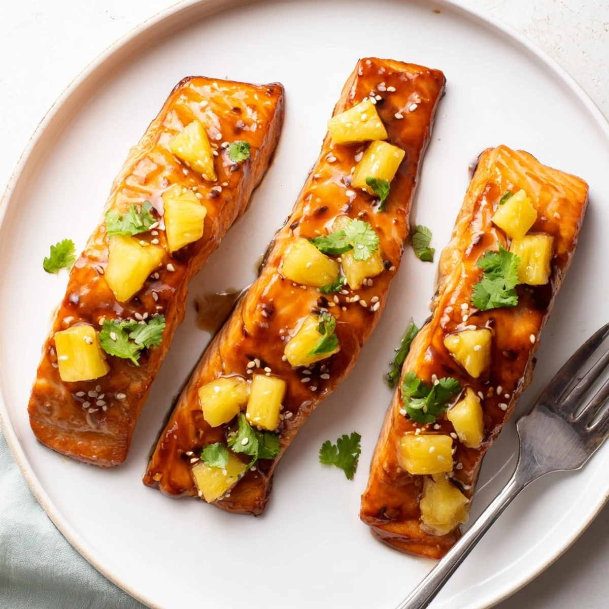 Golden-brown Pineapple Glazed Salmon fillets served on a plate, garnished with cilantro and sesame seeds alongside fluffy white rice.  