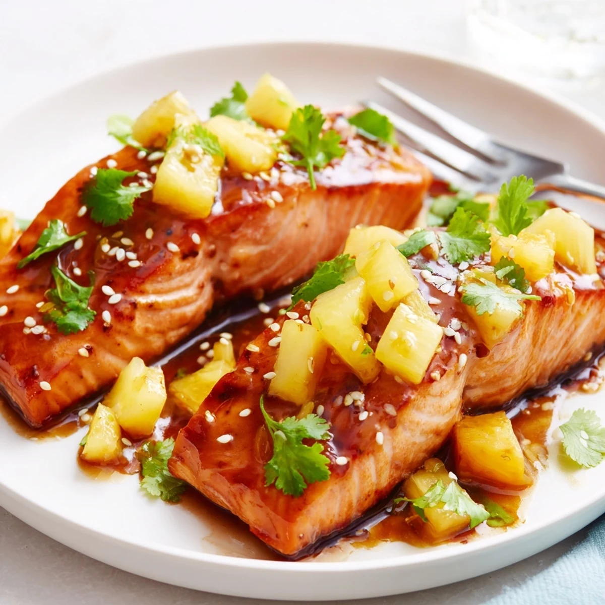 Close-up of juicy Pineapple Glazed Salmon with a caramelized glaze, highlighting the tender, flaky texture of the baked fish.