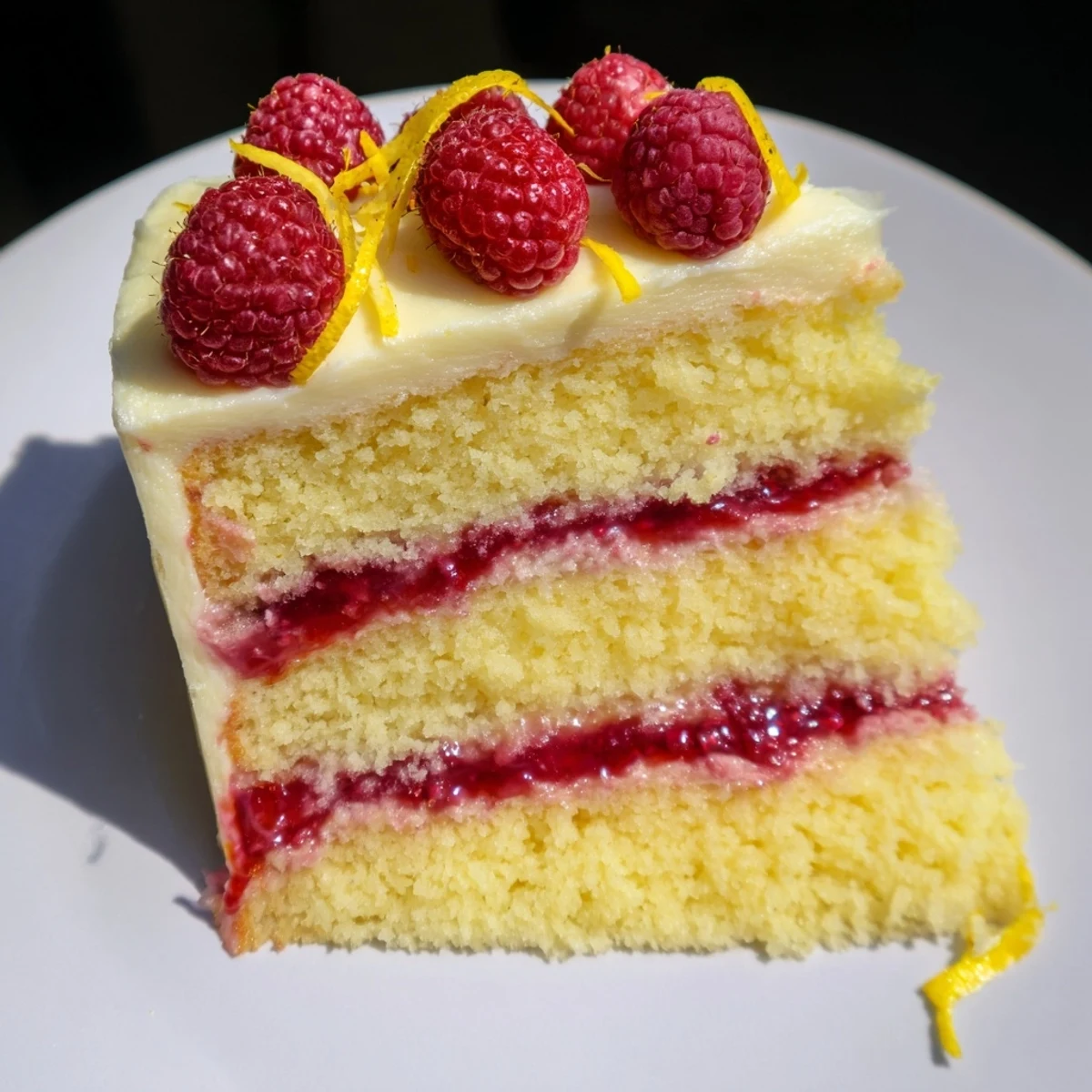 A slice of Lemon Raspberry Layer Cake with Frosting shows visible cake layers, raspberry filling, and creamy frosting on a plate.