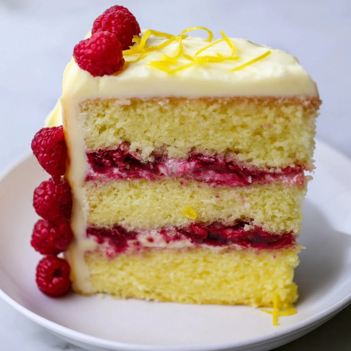 Close-up view of Lemon Raspberry Layer Cake with Frosting featuring fresh raspberries and lemon zest on top, ready to serve.