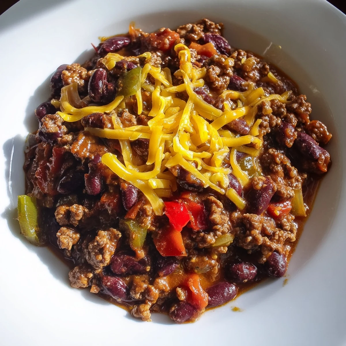 A steaming bowl of Beef and Bean Chili with Cheddar Cheese, topped with melty cheese and fresh cilantro, ready to serve.