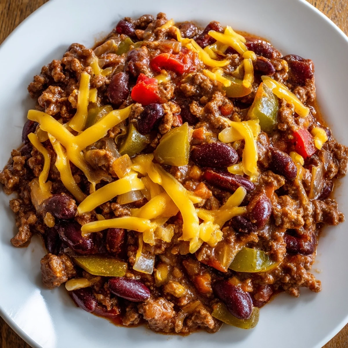 A hearty pot of Beef and Bean Chili with Cheddar Cheese simmering with tender beef, red beans, and rich spices.