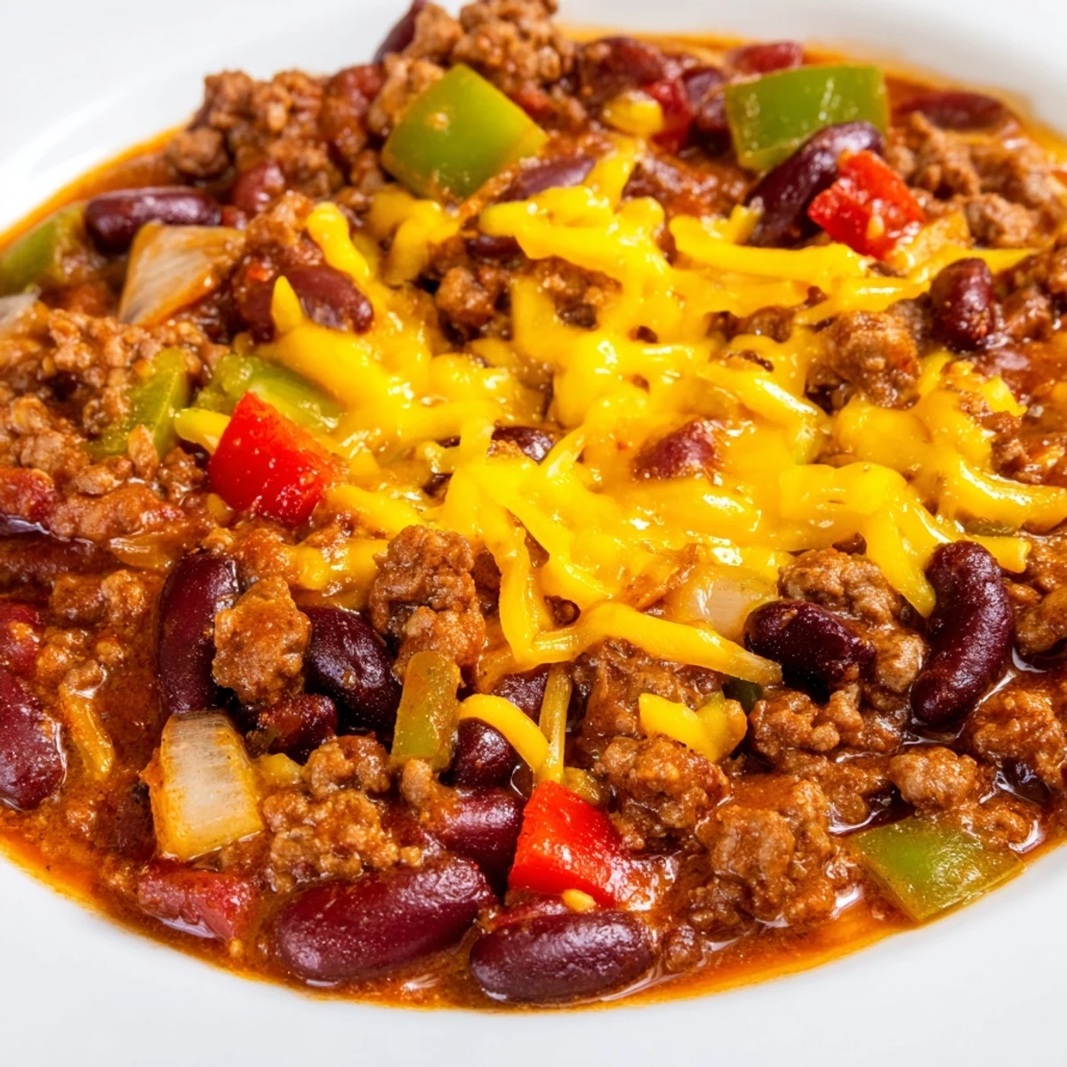 Cozy bowl of Beef and Bean Chili with Cheddar Cheese, garnished with sour cream and green onions, served with warm cornbread.