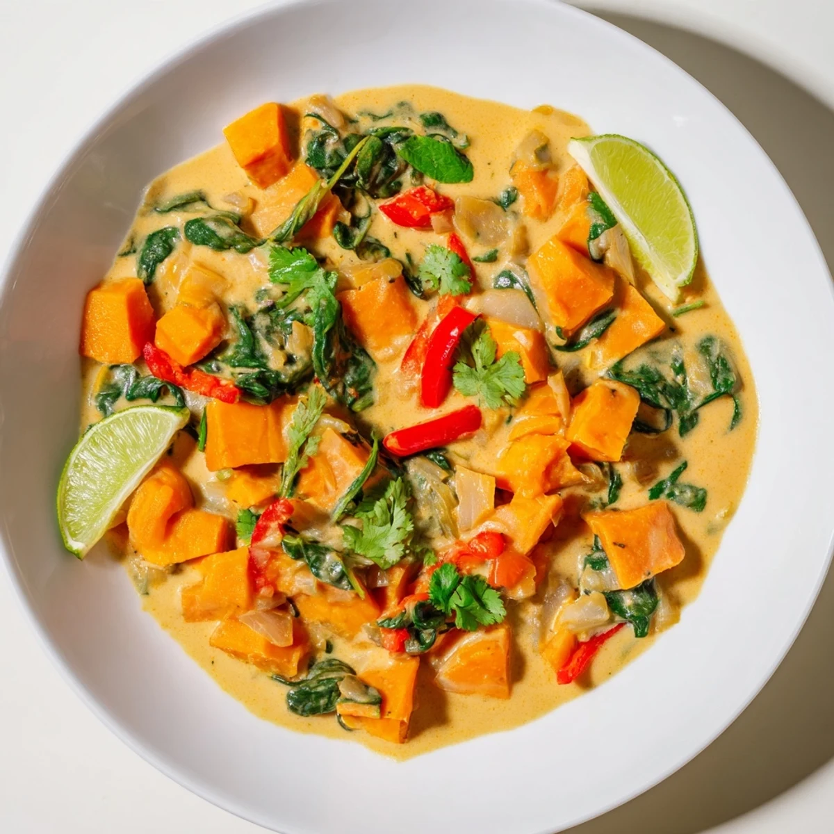 A bowl of Vegan Sweet Potato Curry with Spinach, creamy and aromatic, served over fluffy basmati rice.