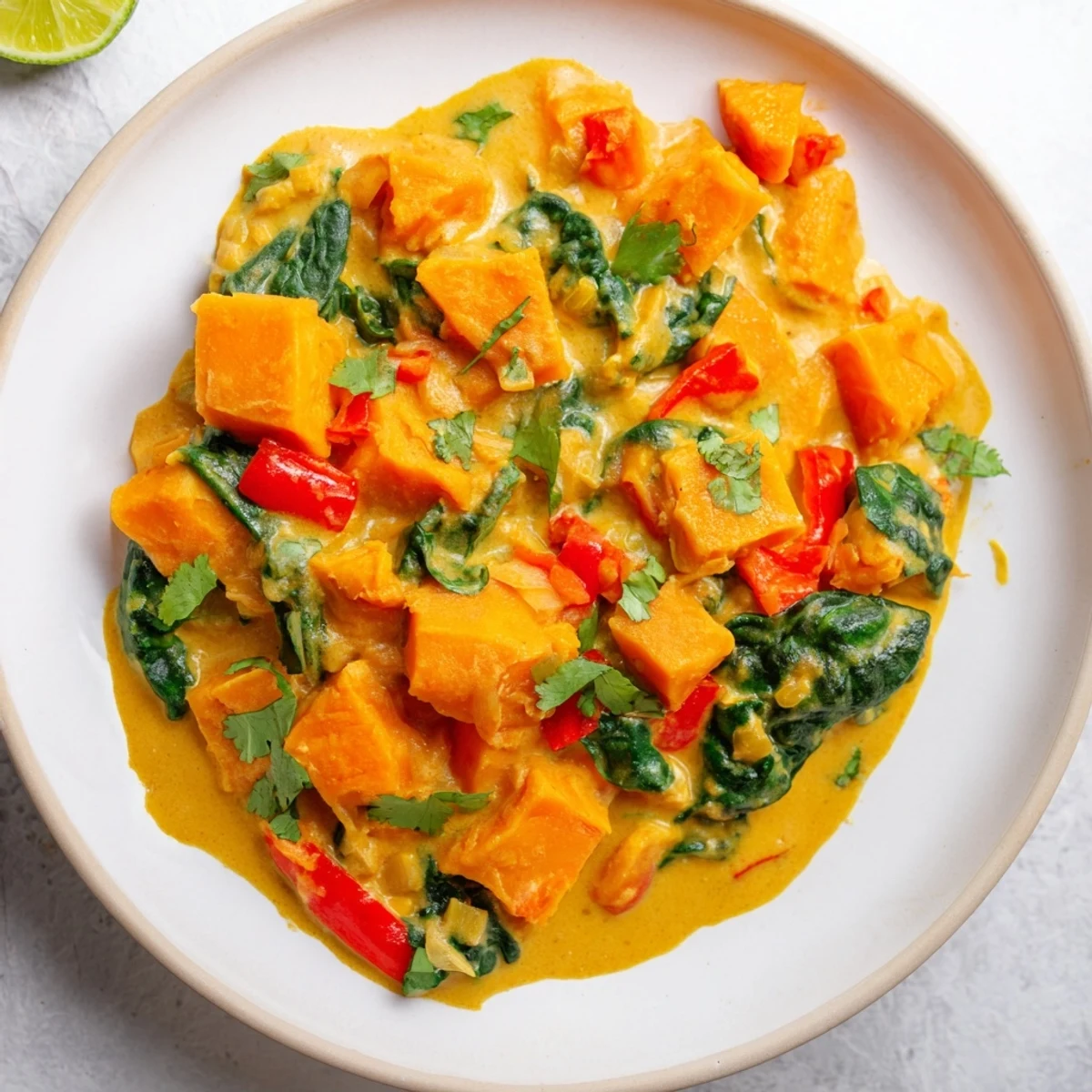 Steam rises from this hearty Vegan Sweet Potato Curry with Spinach, featuring tender chunks and wilted greens.