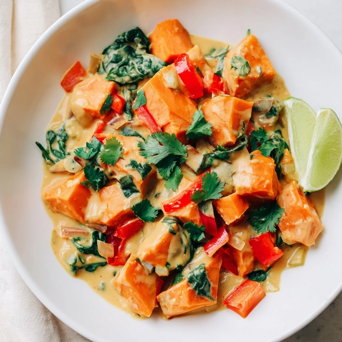 Vibrant Vegan Sweet Potato Curry with Spinach in a coconut sauce, garnished with cilantro and lime wedges.