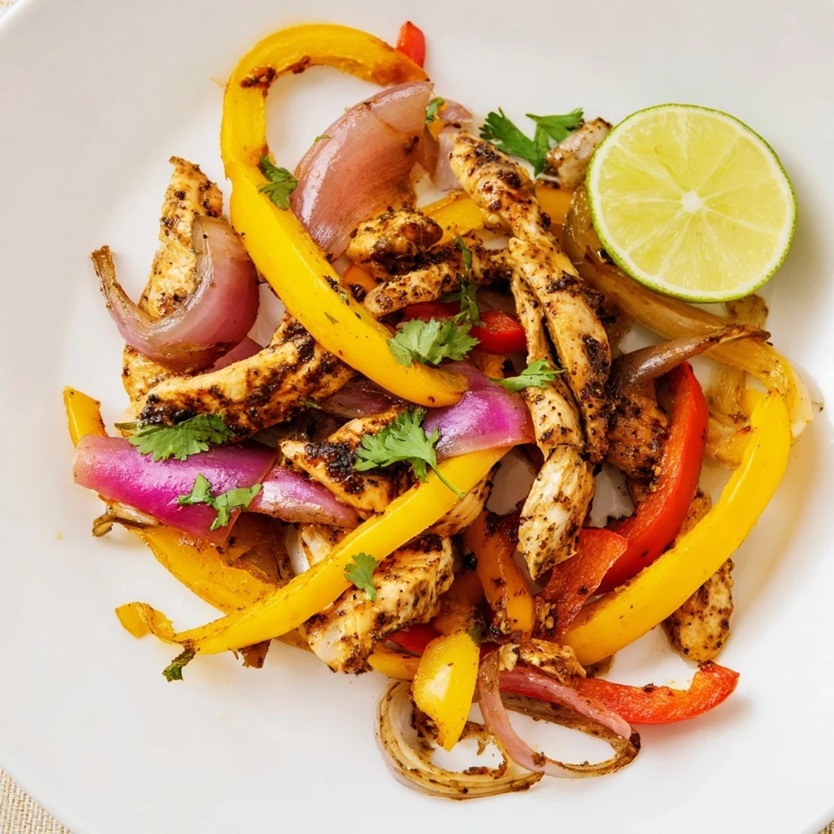 Golden-brown chicken strips and vibrant bell peppers roasted on a single sheet pan for Sheet Pan Chicken Fajitas.