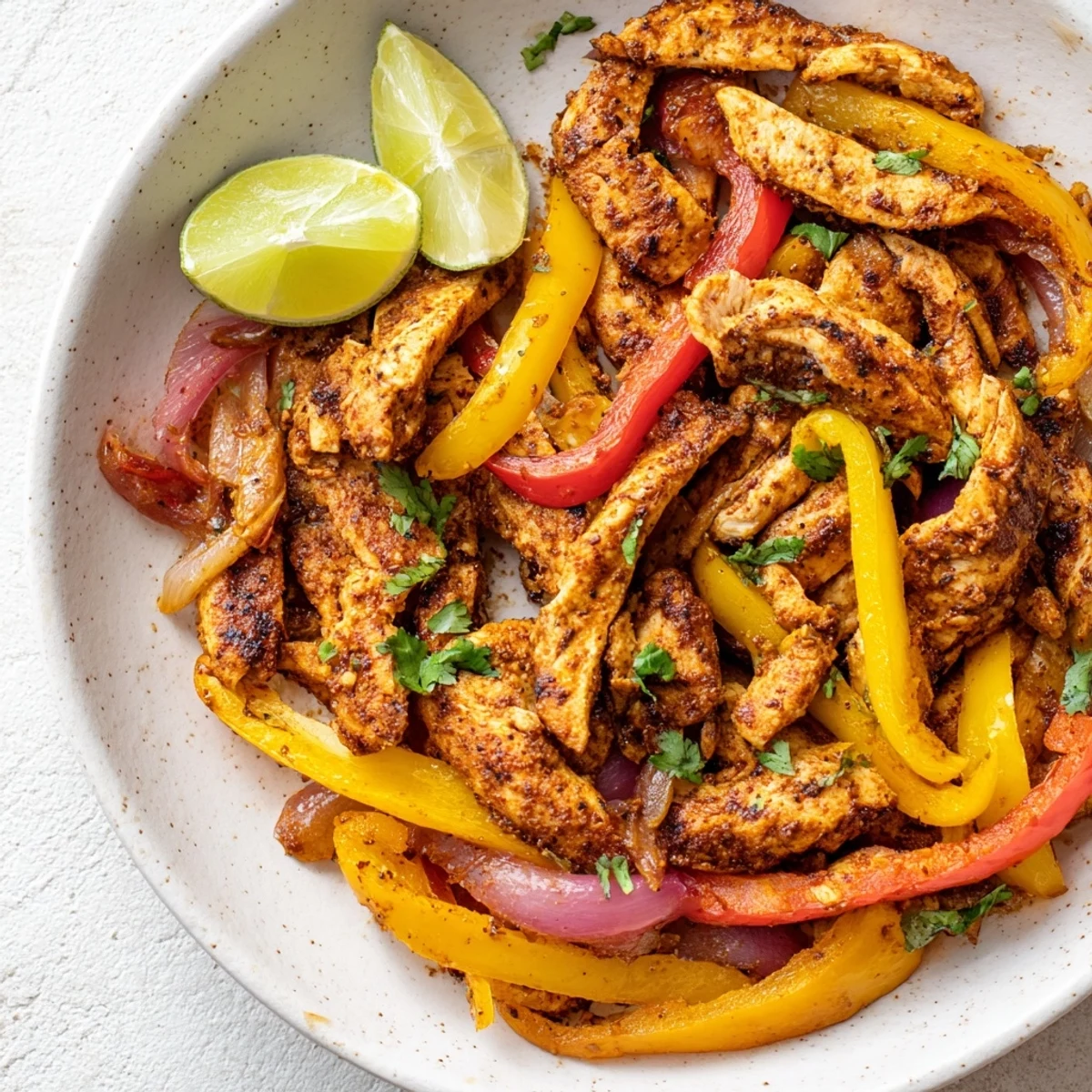 Juicy, seasoned chicken fajitas with onions and peppers, served warm with fresh lime wedges and cilantro.