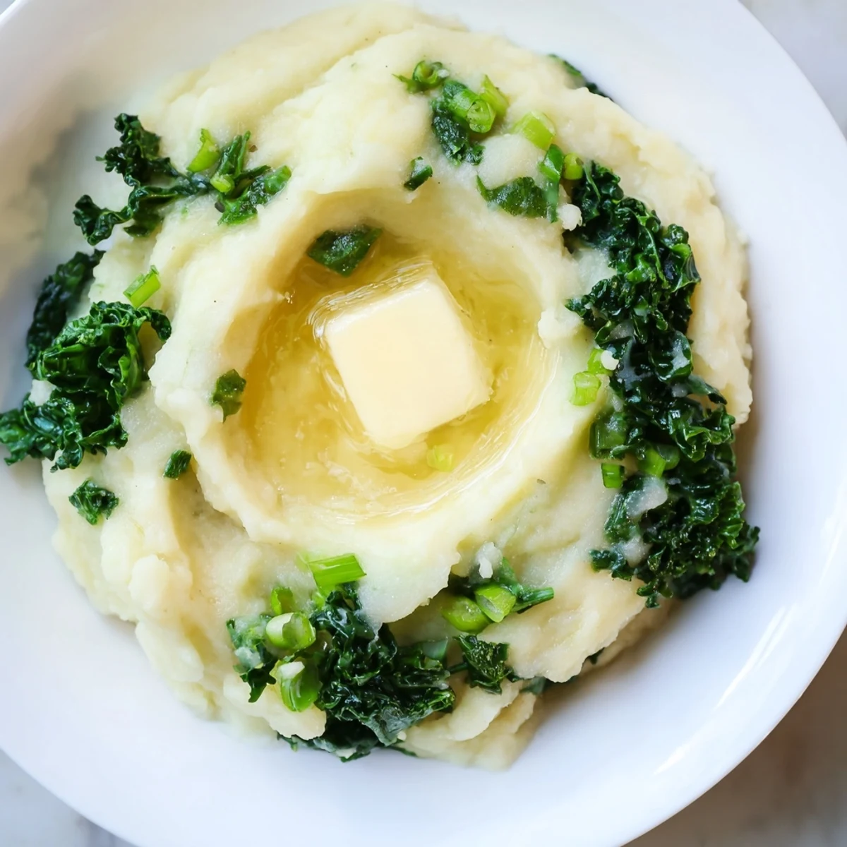 A close-up of Irish Colcannon with Kale and Butter, creamy mashed potatoes studded with sautéed greens and a melting butter knob.