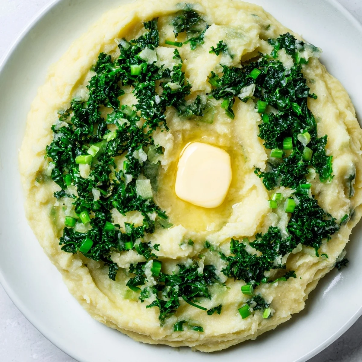 In a rustic white bowl, Irish Colcannon with Kale and Butter shows fluffy mashed potatoes folded with tender kale and scallions.