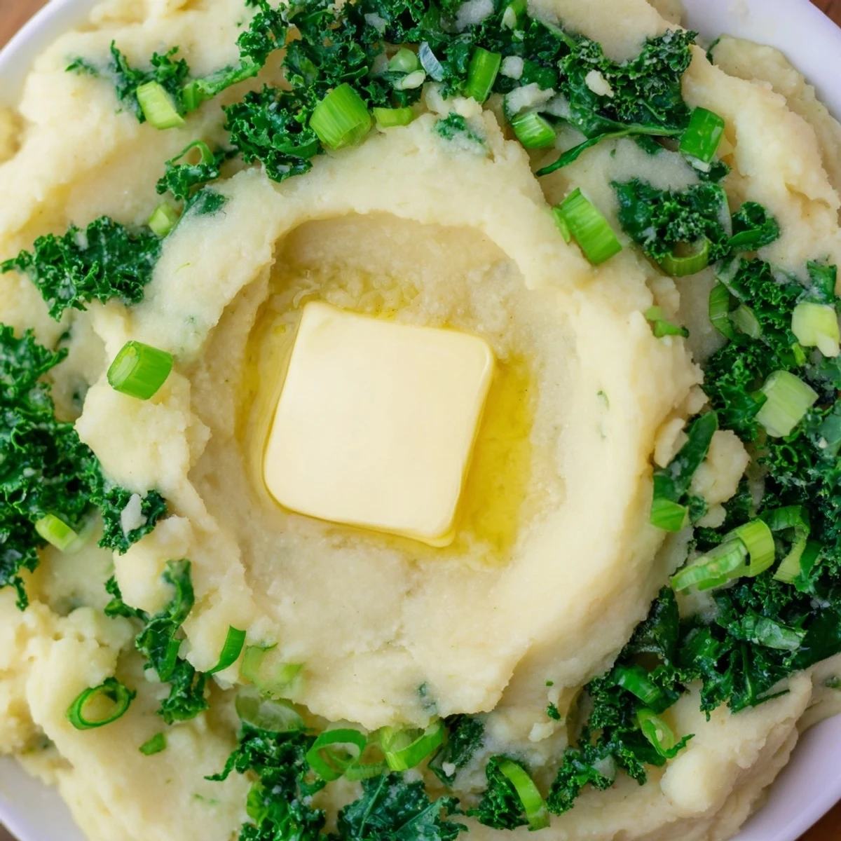 Overhead view of Irish Colcannon with Kale and Butter served beside a fork, steam rising from the rich, buttery mixture.