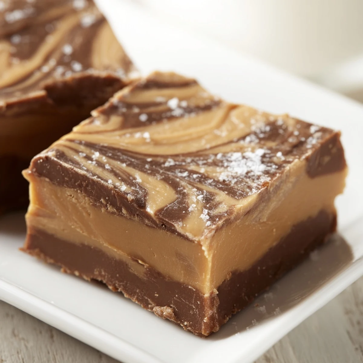 Rich squares of Chocolate Peanut Butter Fudge with a smooth, marbled chocolate and peanut butter surface ready to serve on a dessert plate.