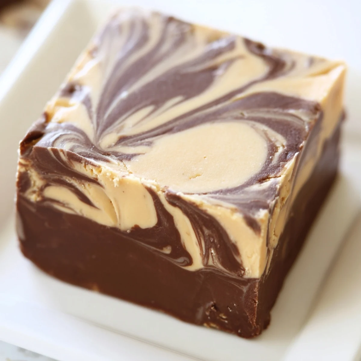 Two layers of homemade Chocolate Peanut Butter Fudge stacked on a cooling rack, showing a creamy texture and rich chocolate aroma.