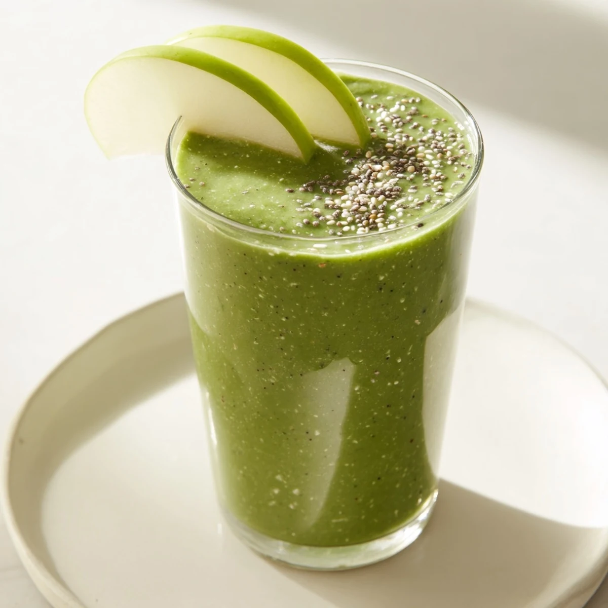 Green detox smoothie with ginger and pineapple chunks, topped with chia seeds beside sliced apple on table.