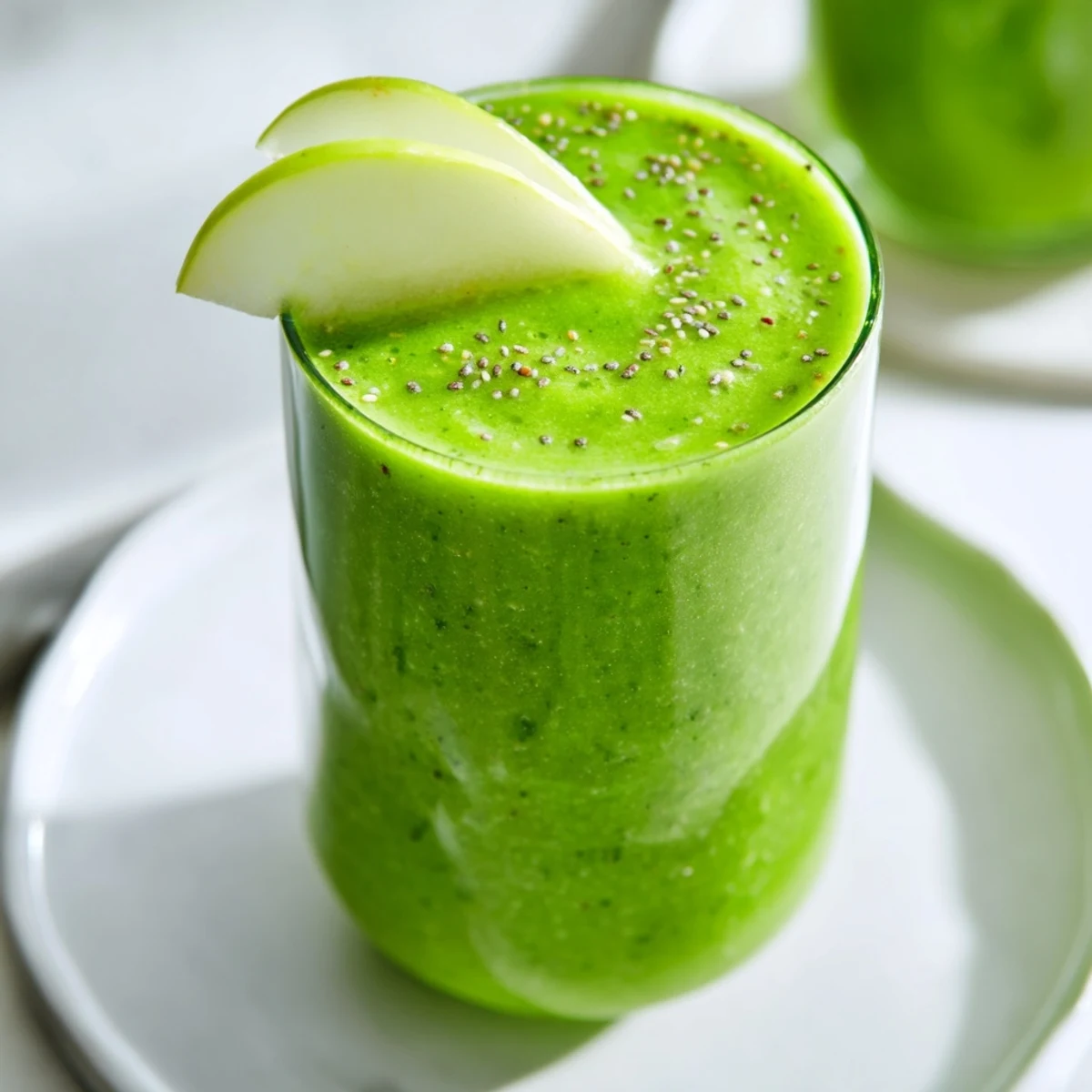 Healthy green detox smoothie with ginger, kale, and lemon, garnished with mint for a refreshing morning beverage.
