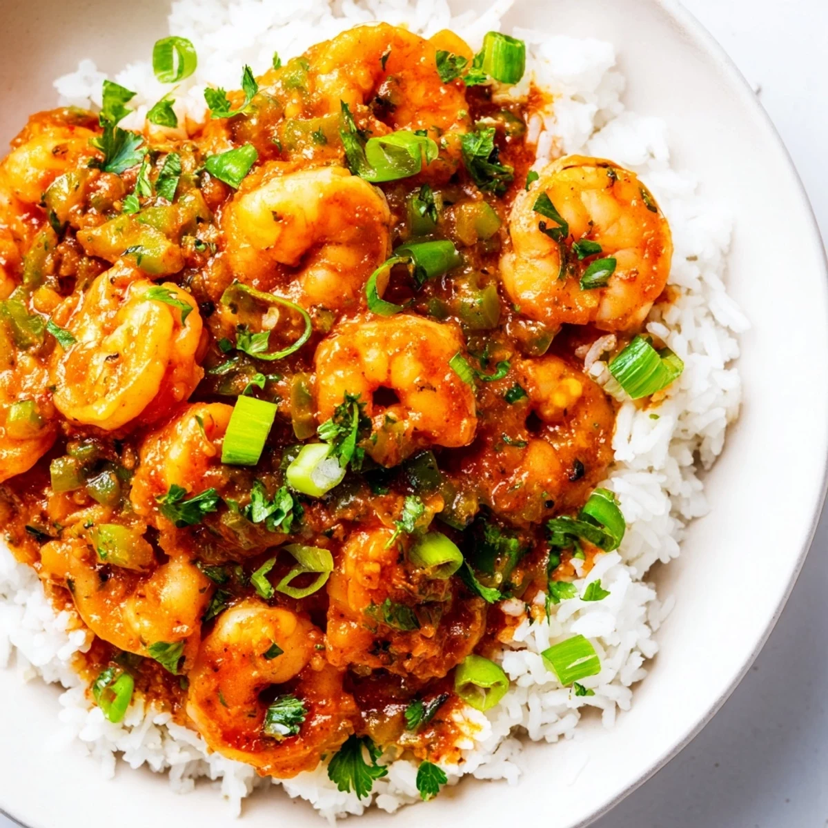 Steaming bowl of Mardi Gras Shrimp Creole served over fluffy white rice, garnished with fresh green onions and parsley.
