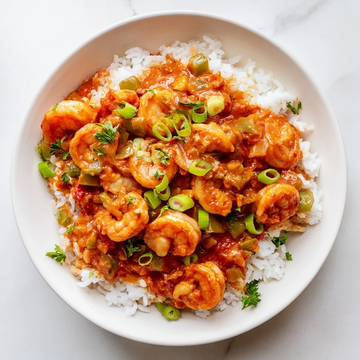 Close-up of Mardi Gras Shrimp Creole featuring plump pink shrimp in a rich, spicy red Creole tomato sauce.