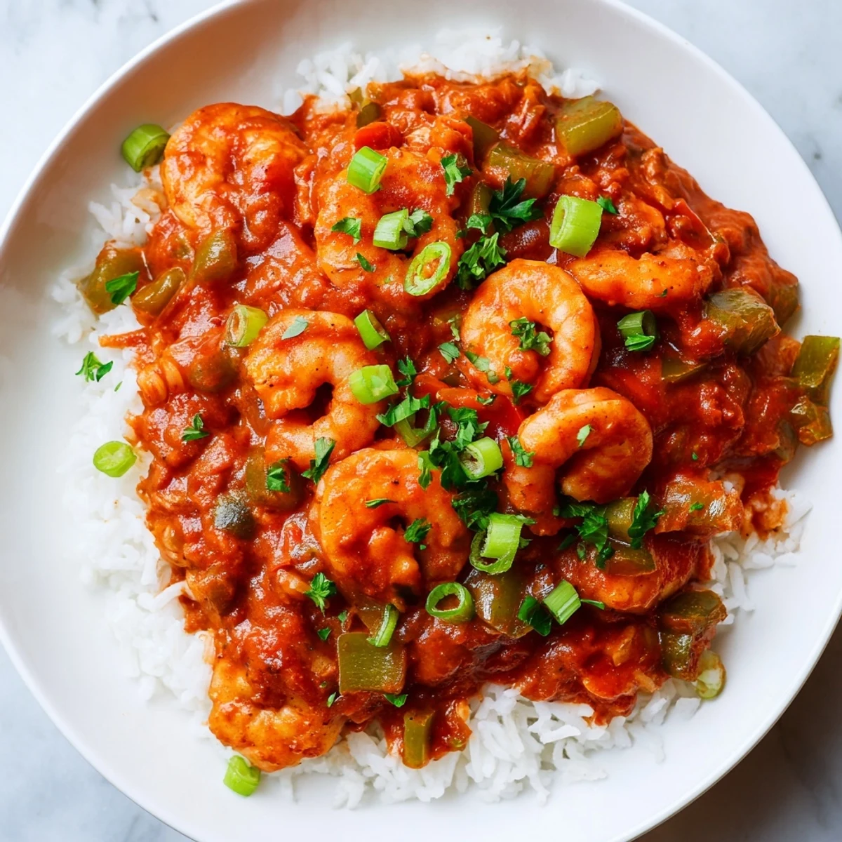 Sizzling skillet of Mardi Gras Shrimp Creole with tender shrimp and bell peppers in a dark tomato-based gravy.