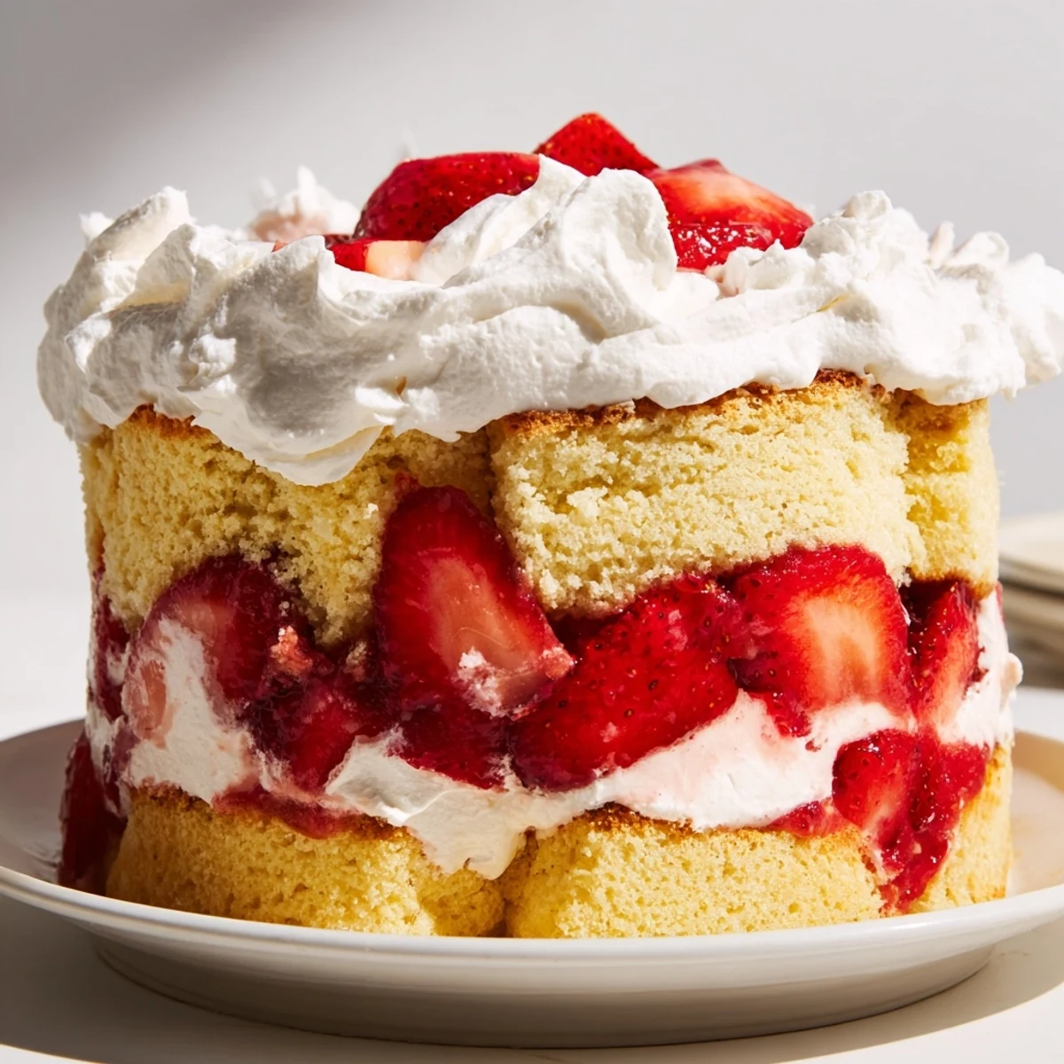 Strawberry Shortcake Trifle reveals bright red fruit and fluffy whipped cream for a summer dessert.