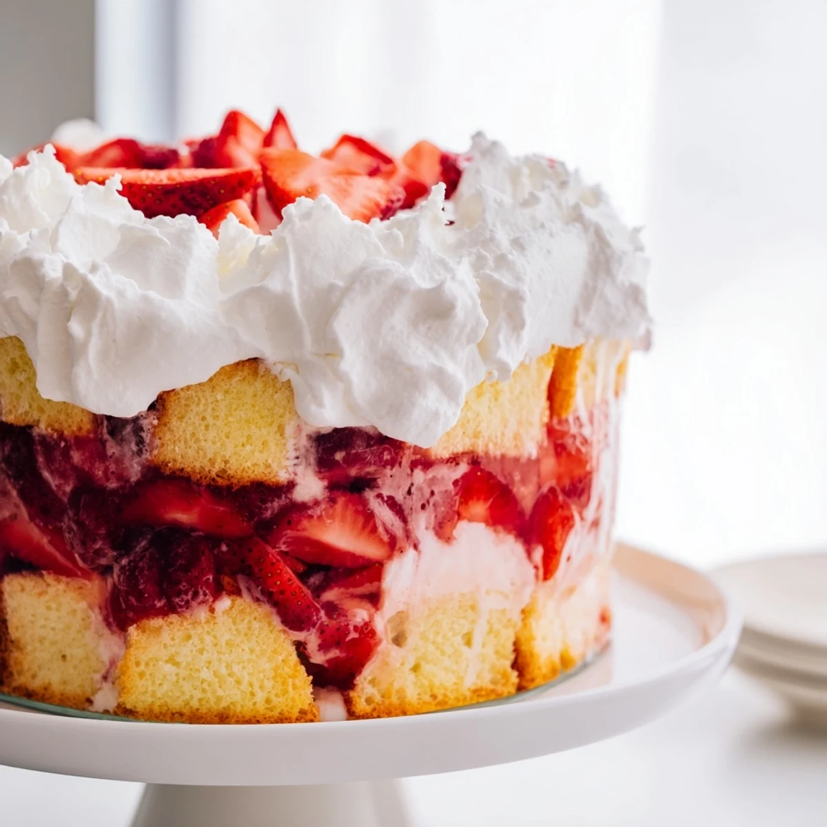 Fragrant layers of Strawberry Shortcake Trifle showcase juicy berries and soft cake in a glass bowl.