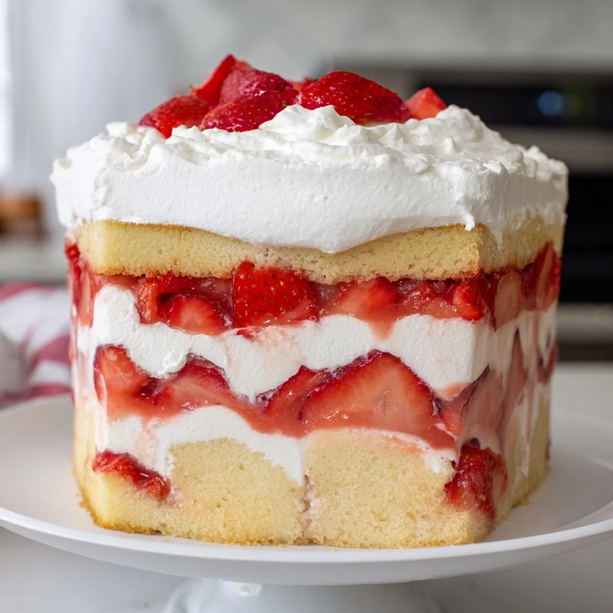 Golden shortcake pieces and fresh strawberries layered in Strawberry Shortcake Trifle for a sweet treat.