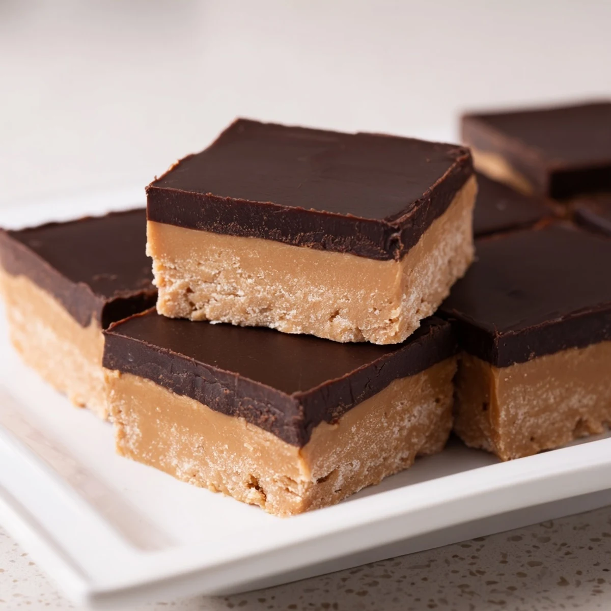 A close-up of Chocolate Peanut Butter Fudge Squares on a wooden board, showing a rich chocolate top with smooth peanut butter layers.