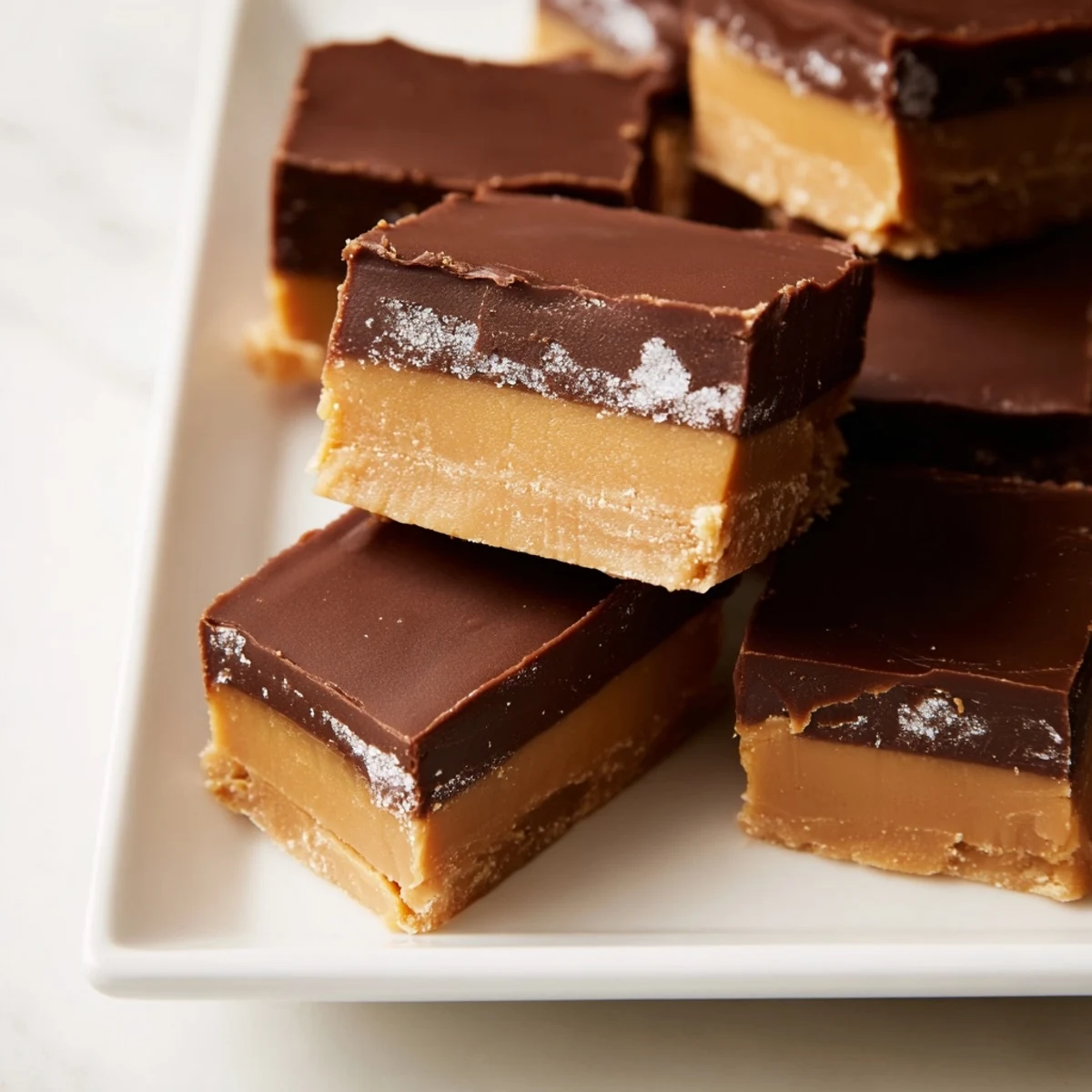 A hand holding a square of Chocolate Peanut Butter Fudge Squares, revealing the creamy peanut butter and chocolate interior.