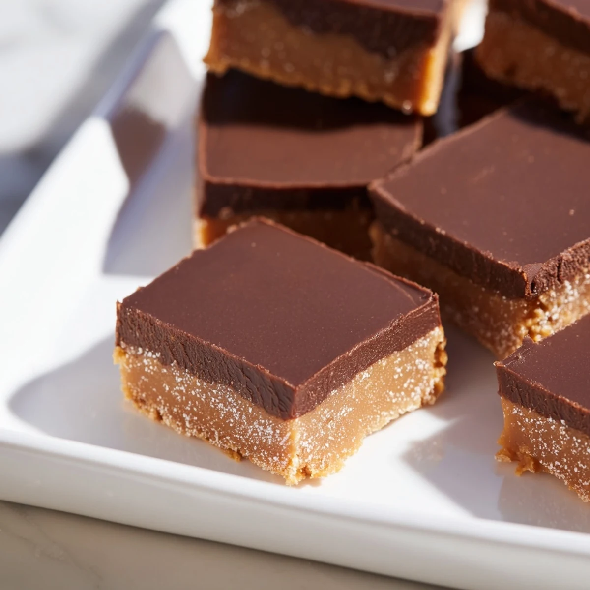 A platter of Chocolate Peanut Butter Fudge Squares served on a white plate, garnished with chopped peanuts and a dusting of cocoa.