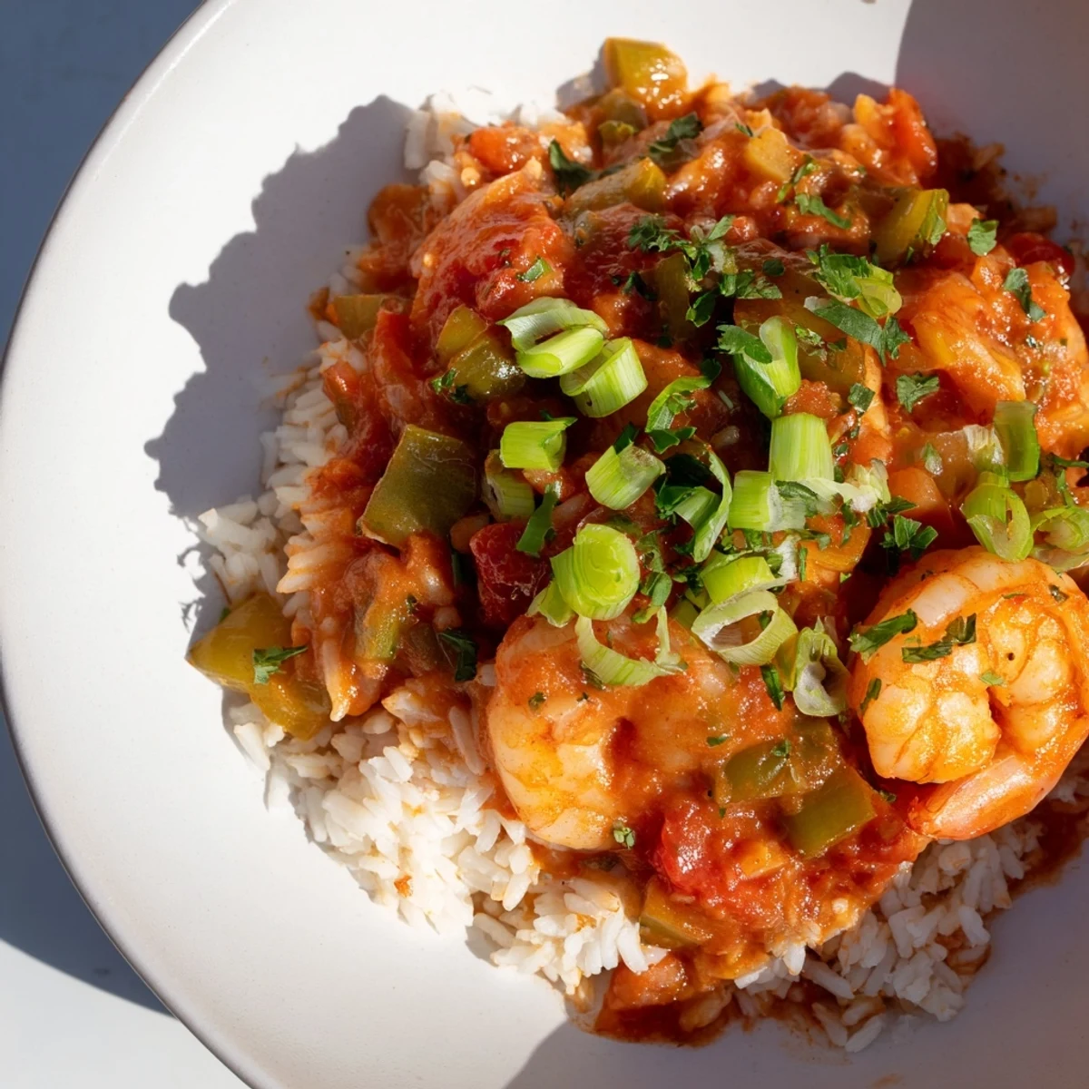Steaming fluffy white rice topped with Mardi Gras Shrimp Creole, featuring plump shrimp in a rich, spicy tomato sauce.