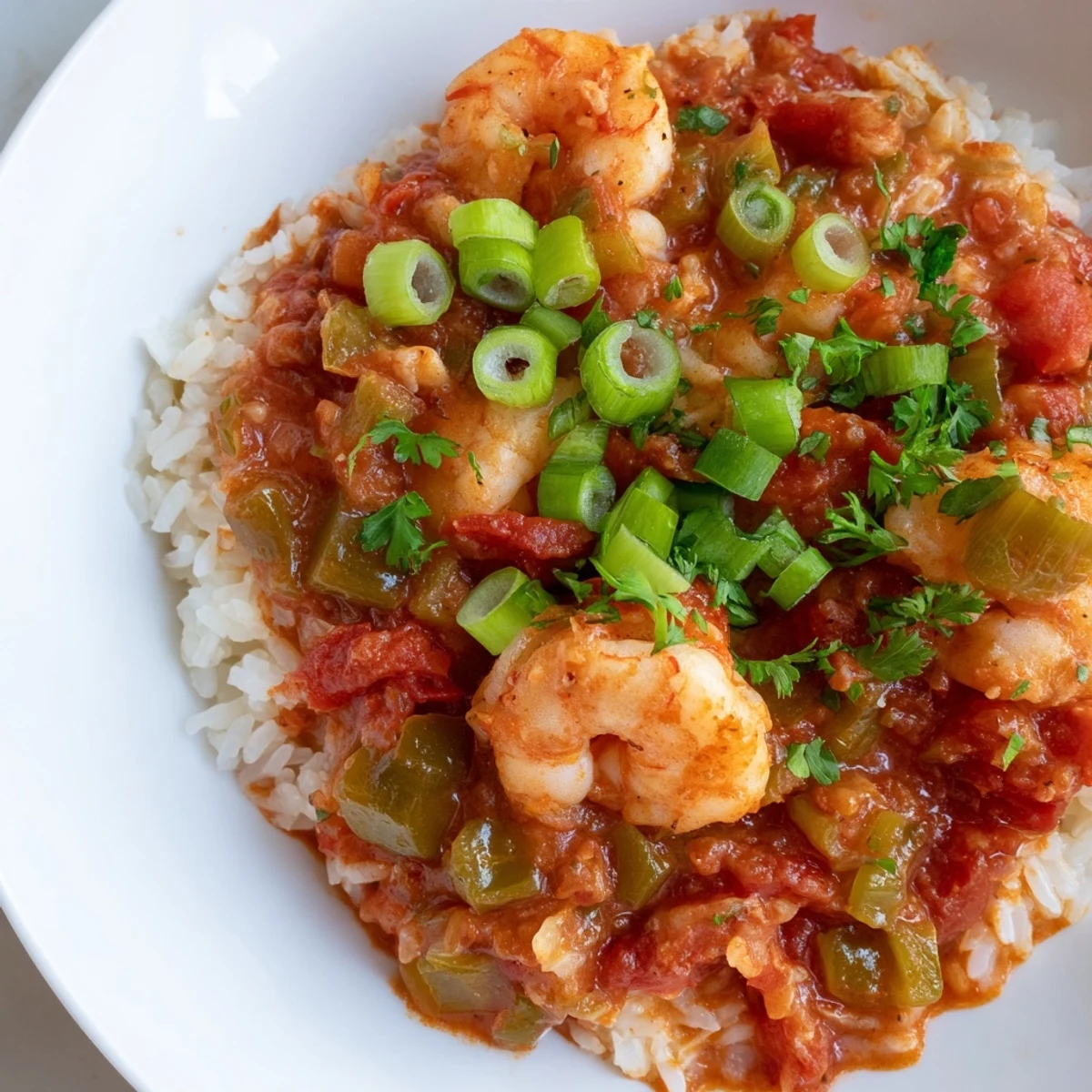 Colorful Mardi Gras Shrimp Creole served over a mound of rice, garnished with fresh green onions and parsley.