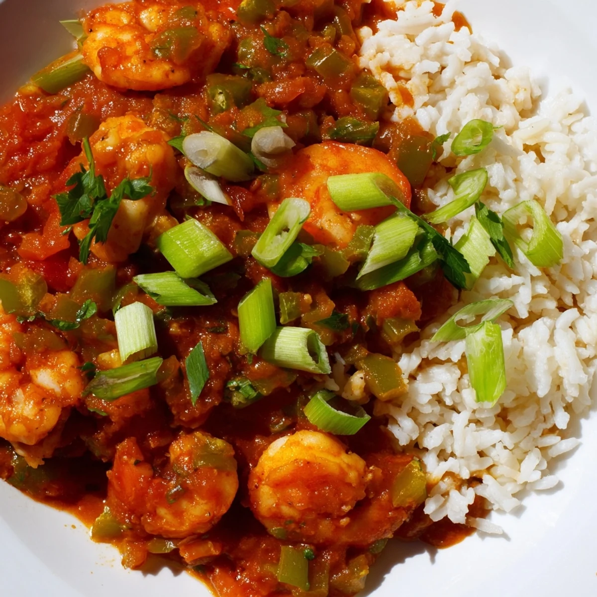 A close-up of Mardi Gras Shrimp Creole with Rice, highlighting vibrant vegetables and garnishes on a festive plate.