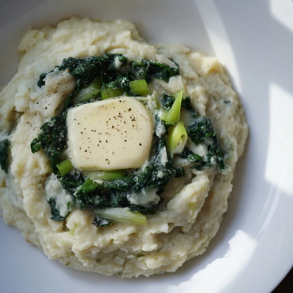 Hearty Irish Colcannon with Kale and Butter served with a melting pat of butter.