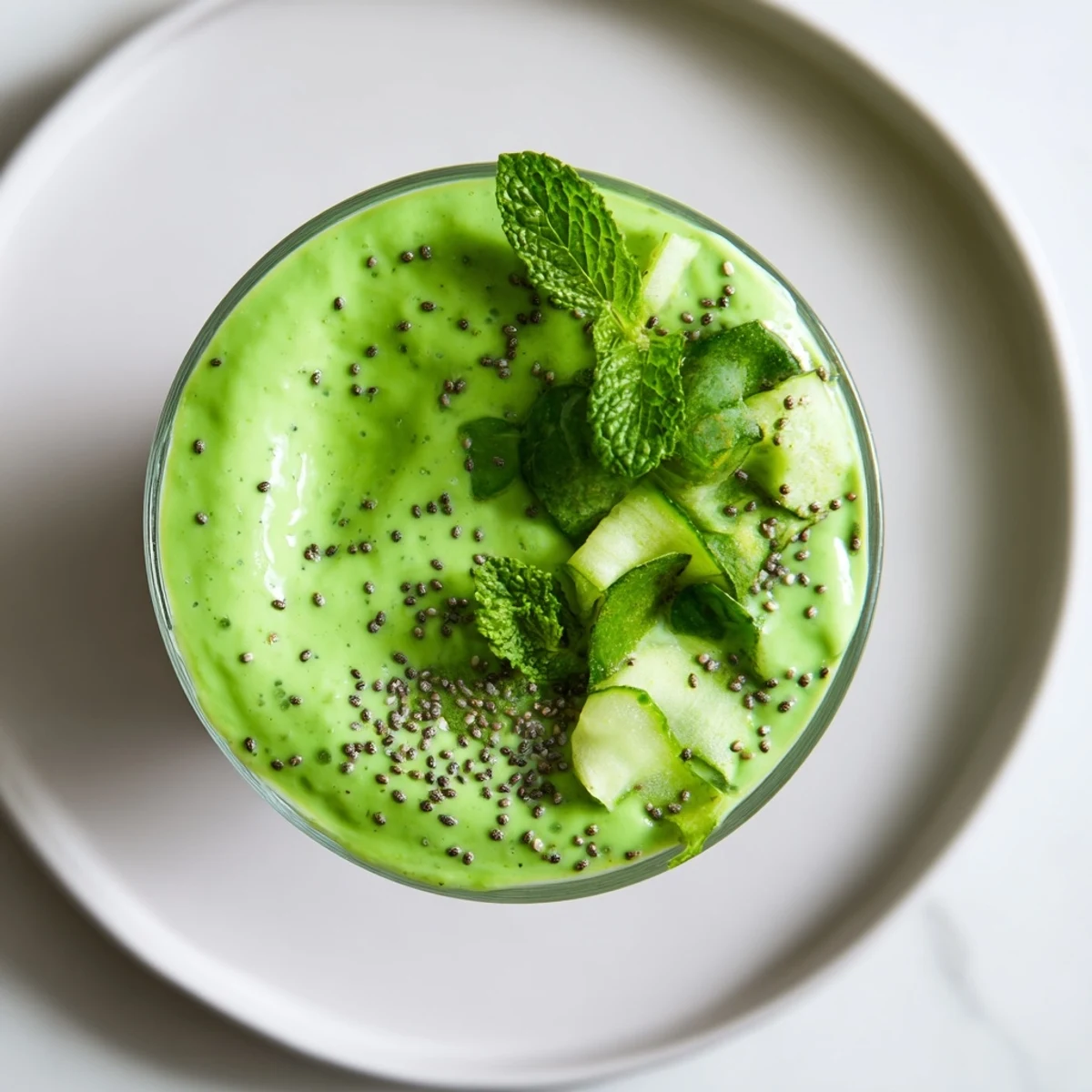 Close-up of a vibrant Green Detox Smoothie with Cucumber and Ginger topped with mint, ready for a healthy morning sip.  