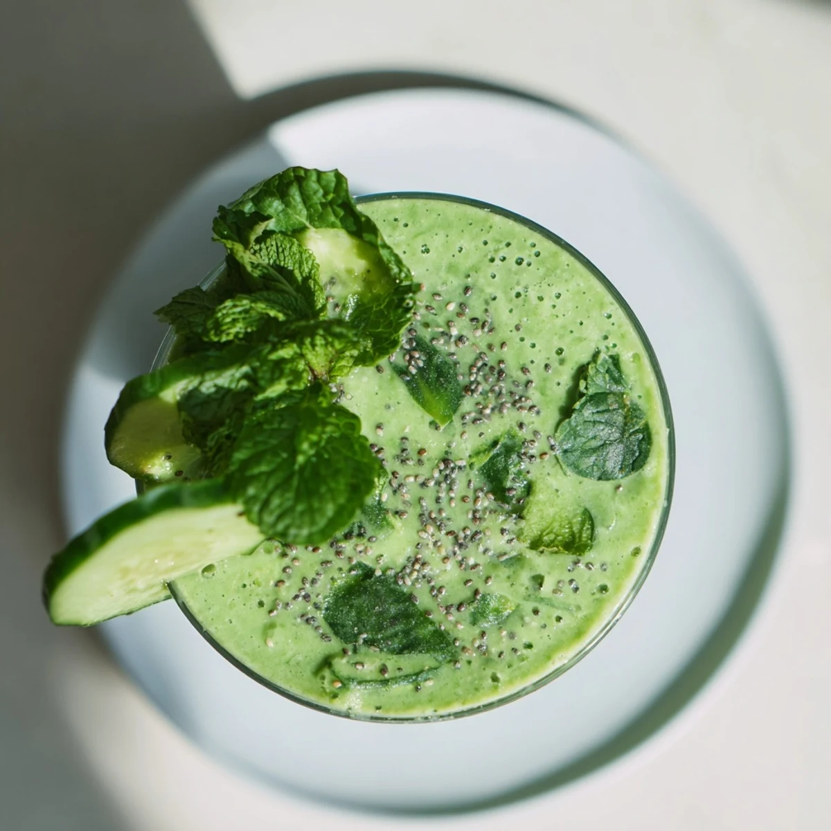 Two tall glasses of the Green Detox Smoothie with Cucumber and Ginger sit beside fresh spinach and sliced cucumber on a rustic table.  