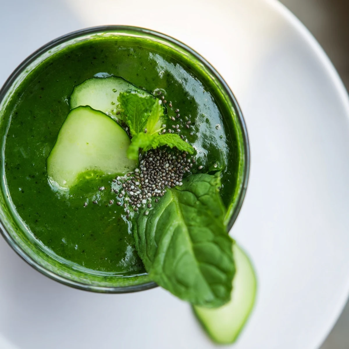 A chilled glass of Green Detox Smoothie with Cucumber and Ginger beside a halved green apple and lemon wedges.