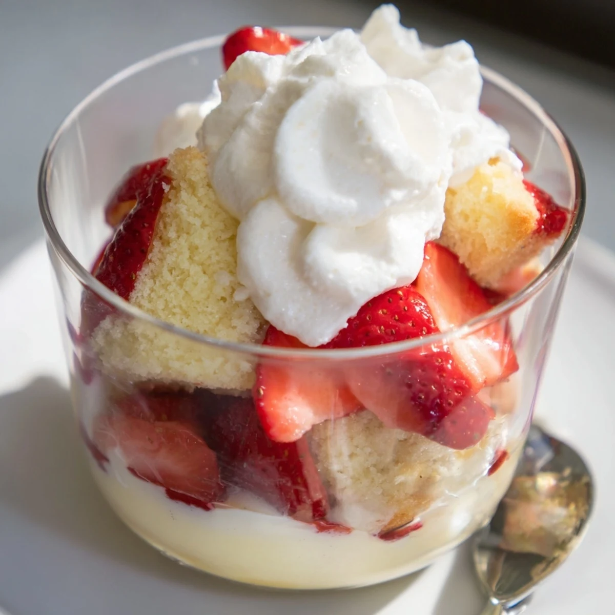 Glass trifle bowl layers of tender shortcake pieces, velvety vanilla custard, fresh sliced strawberries with syrup, and fluffy whipped cream topping for the Strawberry Shortcake Trifle with Custard.