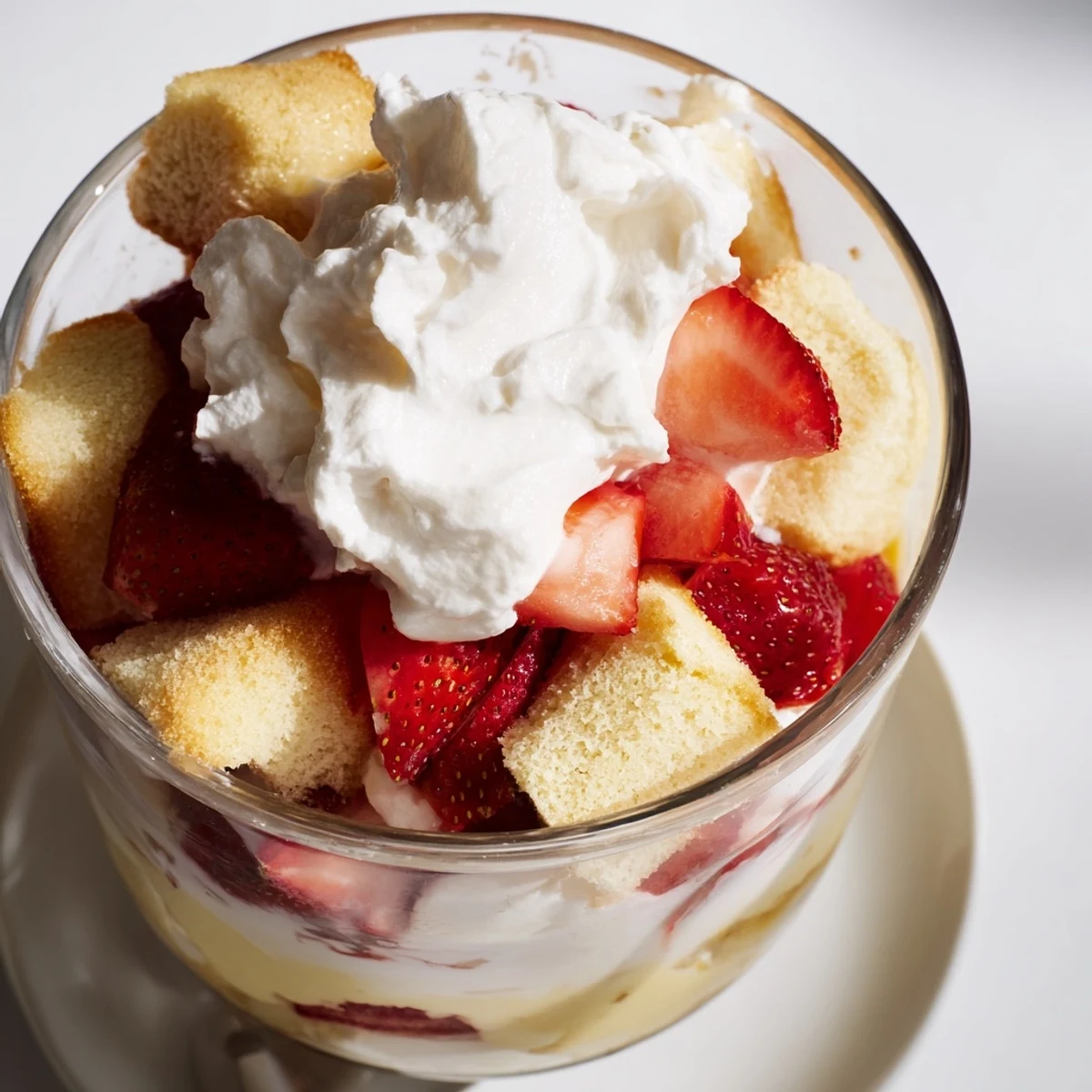 Golden shortcake biscuits crumbled over macerated strawberries and rich custard, topped with billowy whipped cream in a clear dish for the Strawberry Shortcake Trifle with Custard.