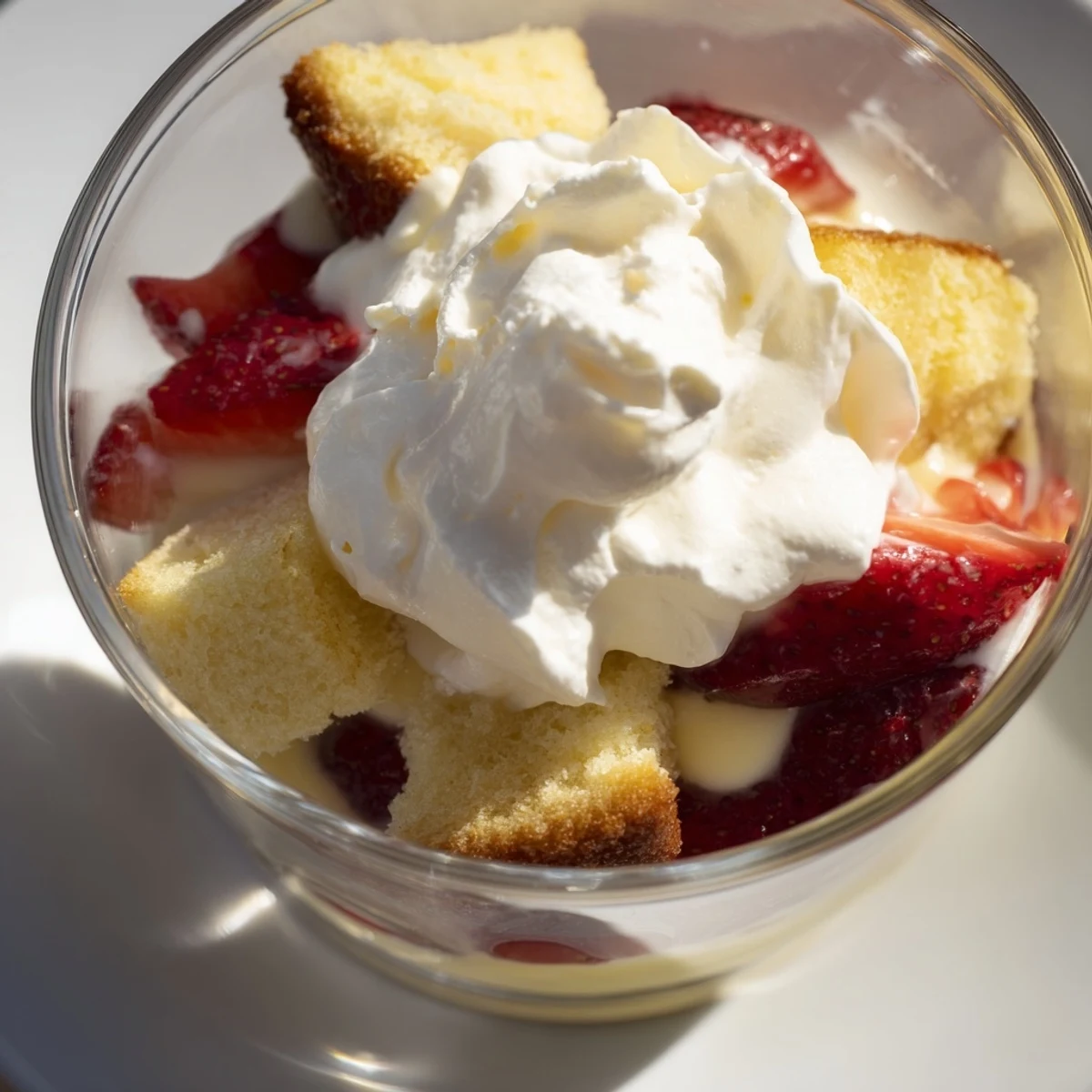 A generous serving spoon lifting layers of cake, custard, berries, and cream from the Strawberry Shortcake Trifle with Custard during a sunny summer gathering.