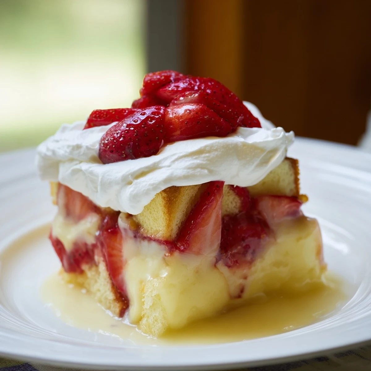 A close-up of Strawberry Shortcake Trifle with Custard in a glass bowl, revealing red strawberries and smooth custard layers.