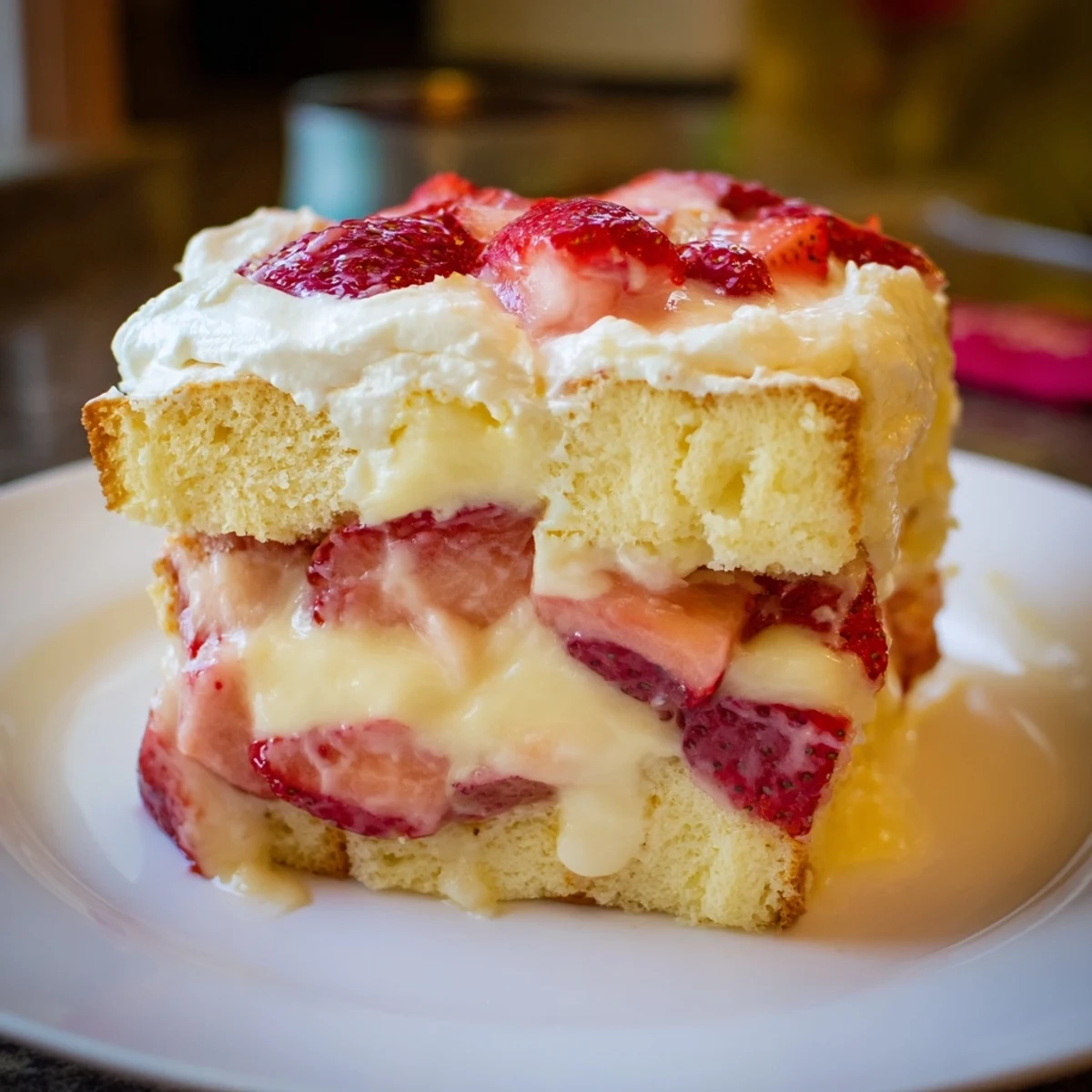 A glass trifle bowl filled with Strawberry Shortcake Trifle with Custard, showing moist cake, juicy berries, and creamy custard layers.