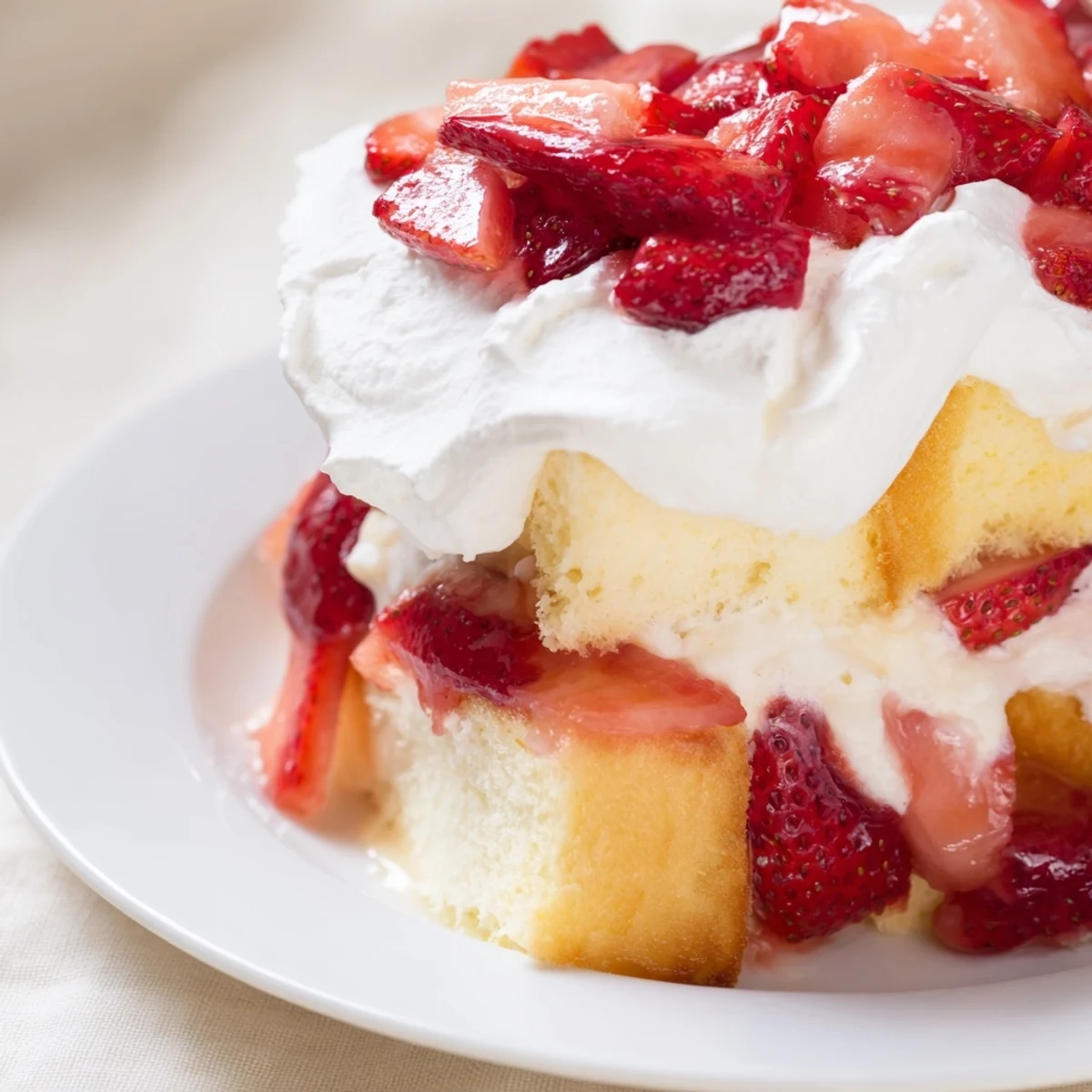 A serving of Strawberry Shortcake Trifle with Custard topped with whipped cream, a mint garnish, and a silver spoon nearby.