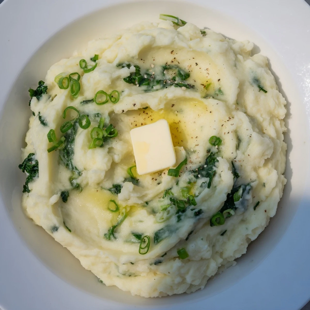 Creamy Irish Colcannon with kale and butter, topped with a melting pat, served warm as a cozy side dish.