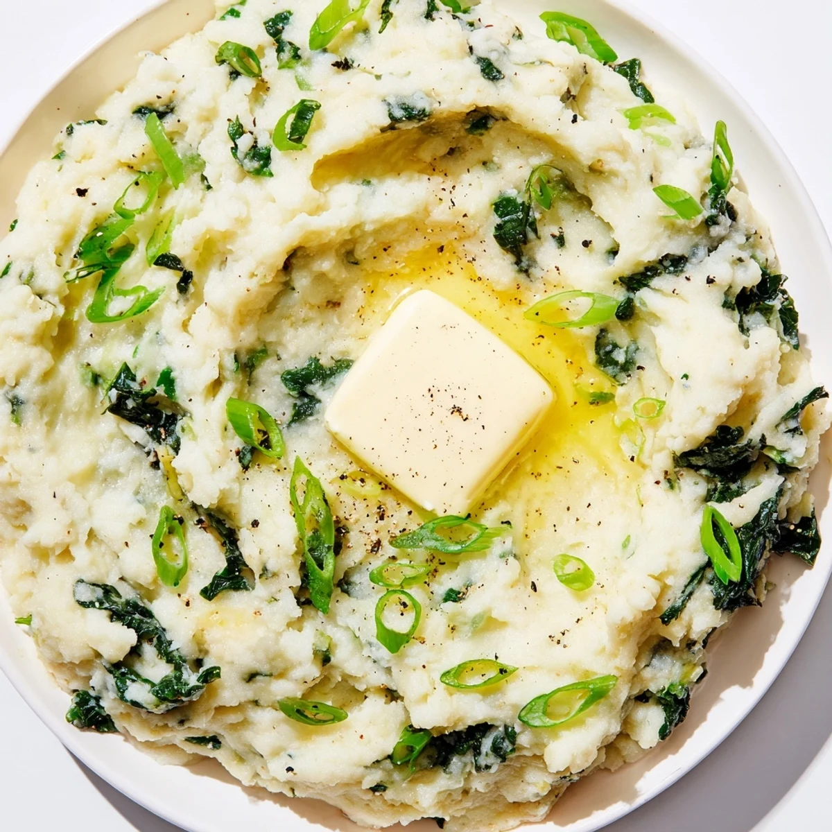 Hearty Irish Colcannon with kale and butter in a white bowl, green onions visible, perfect with roasted meats.